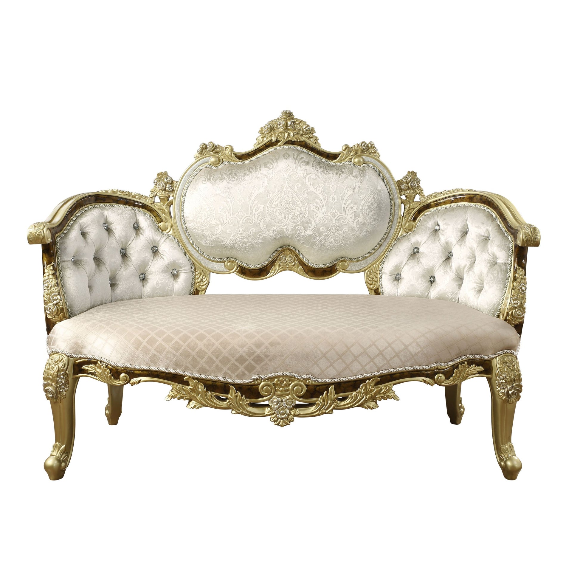 Desiderius Bench, Beige Fabric, Antique Gold & Hand Paint Brown Beige Gold Wood