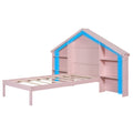 Wood Twin Size Platform Bed With House Shaped Storage Headboard And Built In Led, Pink Box Spring Not Required Twin Pink Bedroom Bed Frame Solid Wood Mdf