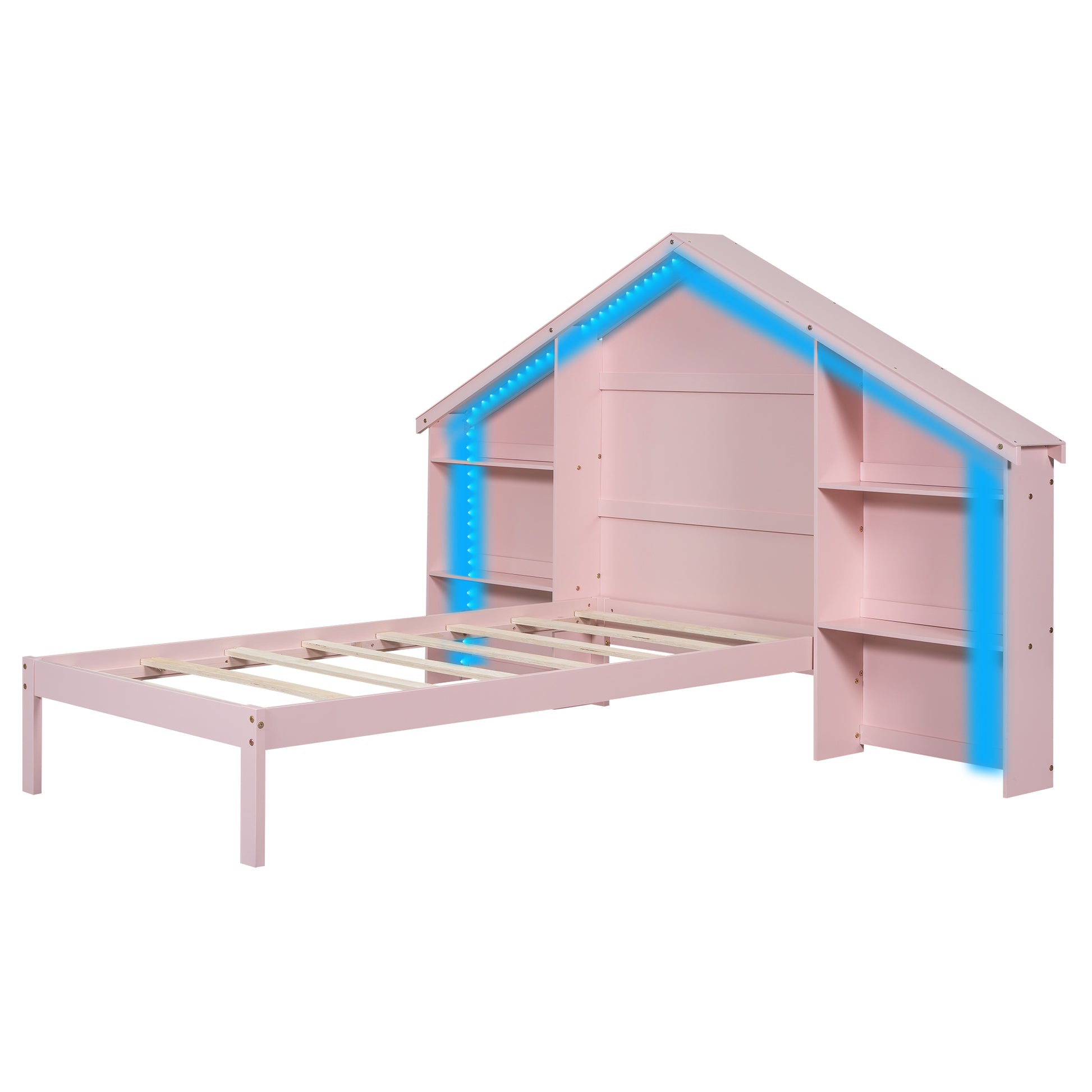 Wood Twin Size Platform Bed With House Shaped Storage Headboard And Built In Led, Pink Box Spring Not Required Twin Pink Bedroom Bed Frame Solid Wood Mdf