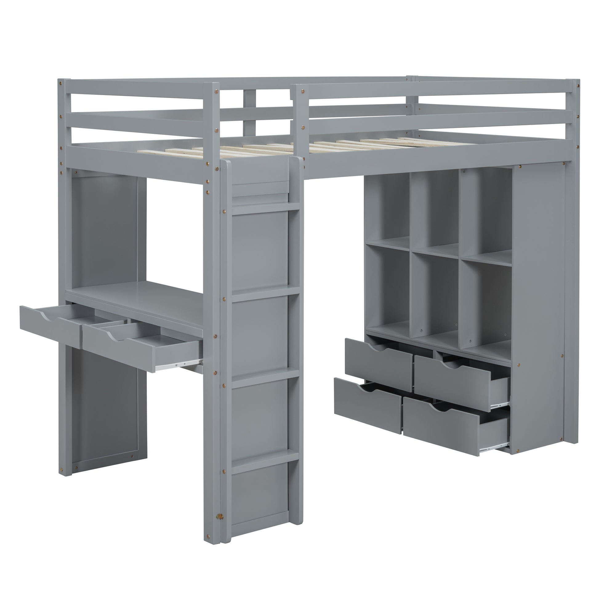 Full Size Loft Bed With Large Shelves, Writing Desk And Led Light, Gray Gray Solid Wood Mdf