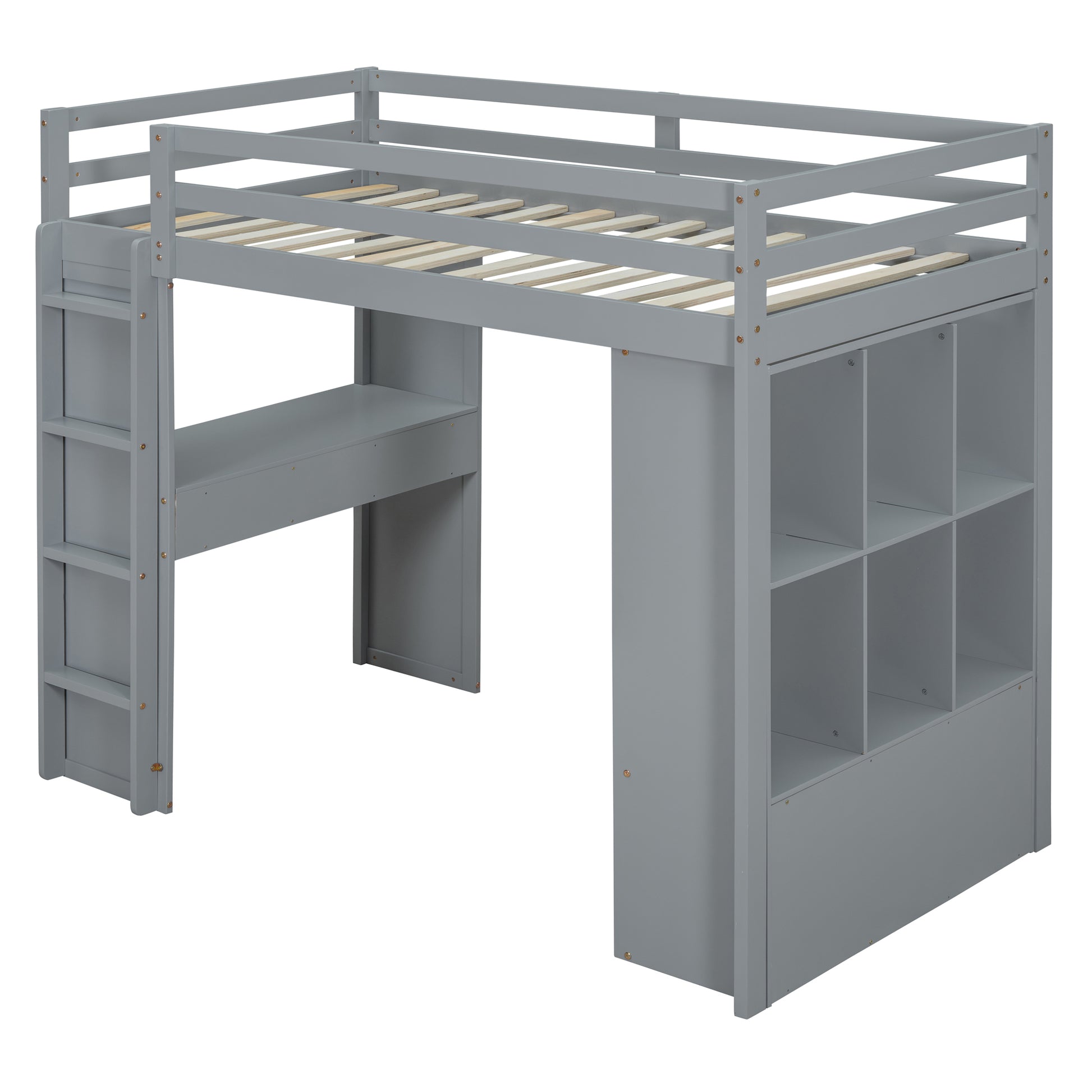 Full Size Loft Bed With Large Shelves, Writing Desk And Led Light, Gray Gray Solid Wood Mdf