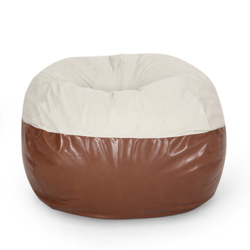 Maxi 5 Foot Two Color Fabric And Faux Leather Rounded Bean Bag, Beige And Coffee Brown Brown Beige Faux Leather