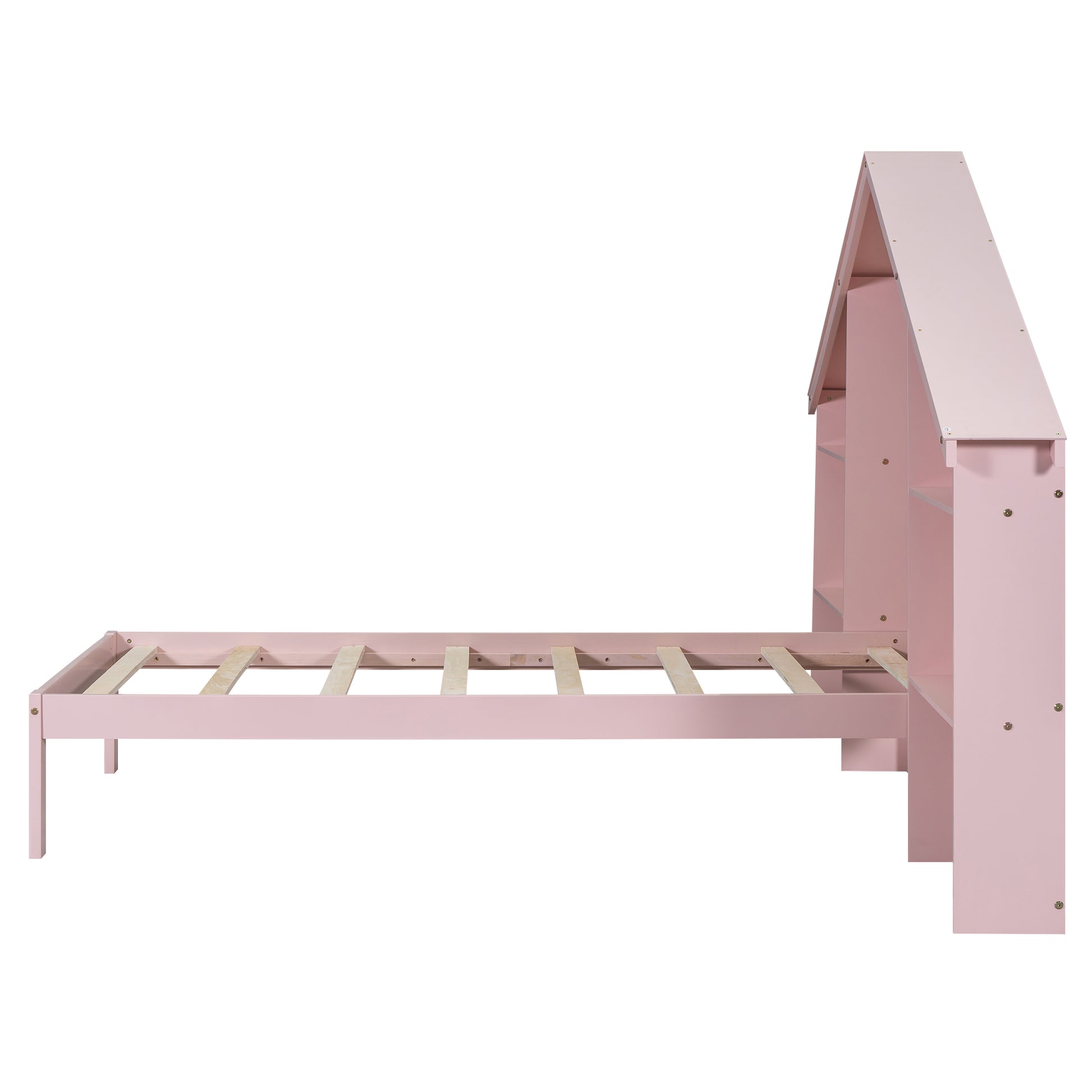 Wood Twin Size Platform Bed With House Shaped Storage Headboard And Built In Led, Pink Box Spring Not Required Twin Pink Bedroom Bed Frame Solid Wood Mdf