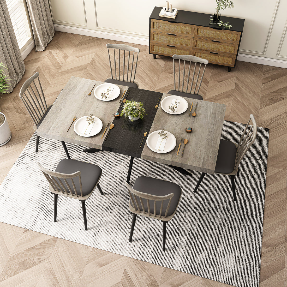 55.11'' 70.86"Retro Rectangular Stretch Dining Table, Grey Carole Top With Black Embossed Center Plate, Black Fine Sand Cross Iron Foot Base Dining Table, With Storage Box. Grey Seats 6 Rectangular Mdf Metal