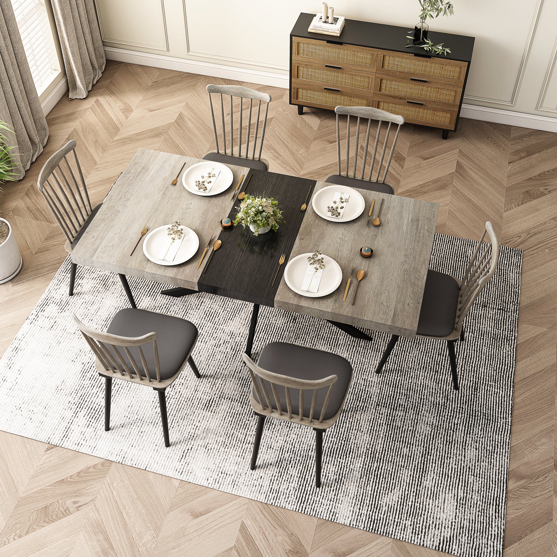 55.11'' 70.86"Retro Rectangular Stretch Dining Table, Grey Carole Top With Black Embossed Center Plate, Black Fine Sand Cross Iron Foot Base Dining Table, With Storage Box. Grey Seats 6 Rectangular Mdf Metal