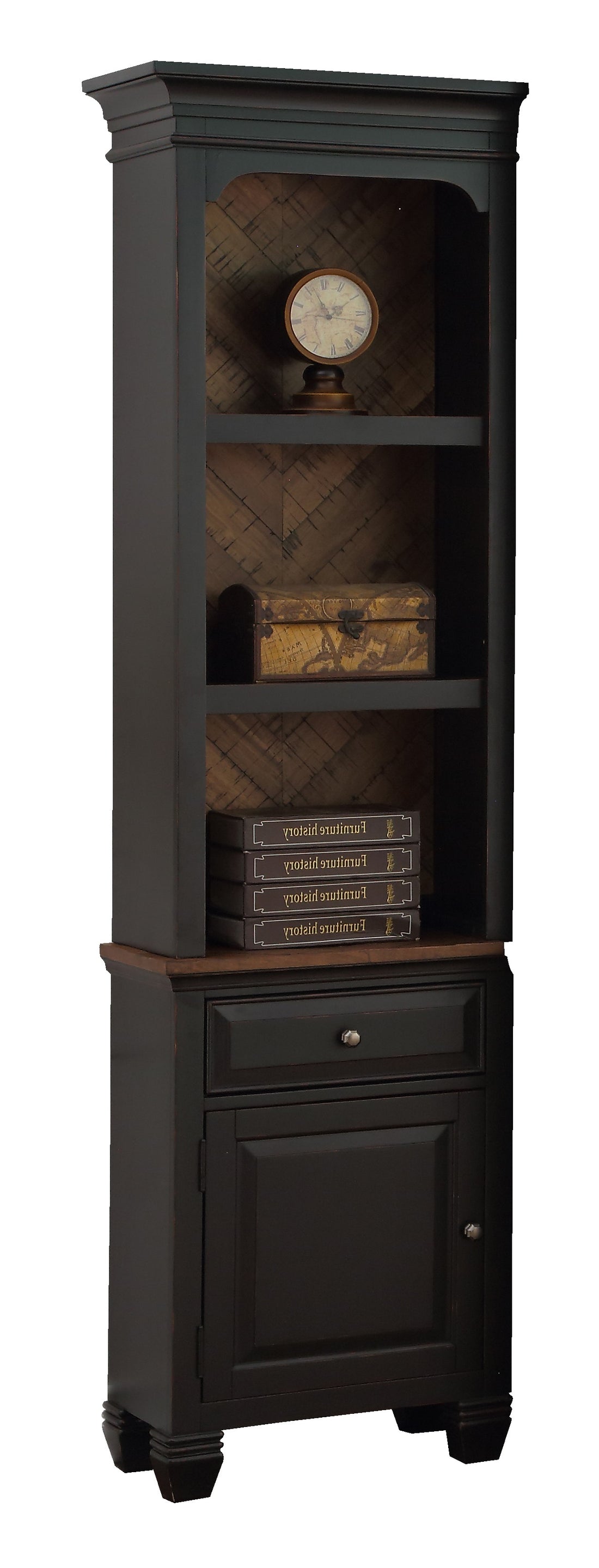 Brighton Left Pier, No Assembly Required, Heirloom Black Finish 3 4 Shelves Black Primary Living Space Drawers Included Traditional Poplar Wood