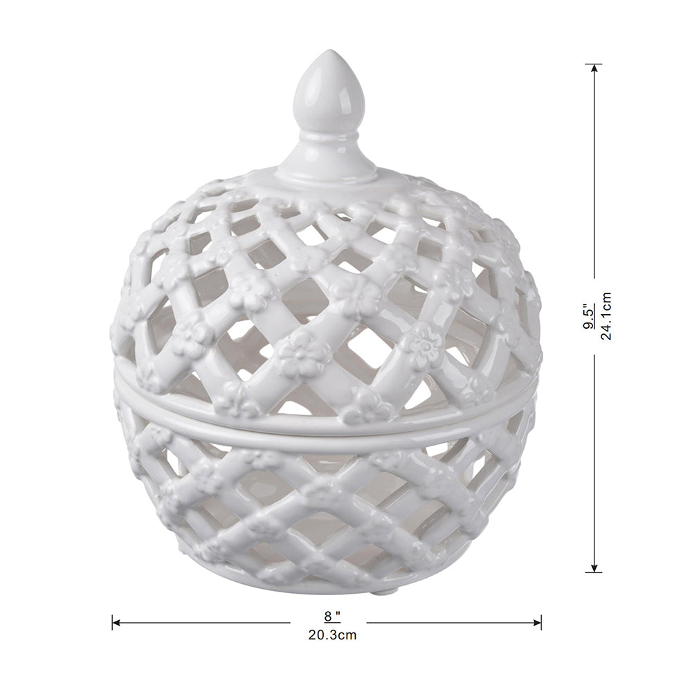 D8X9.5" White Ceramic Lidded Jar With Lattice Design White Ceramic