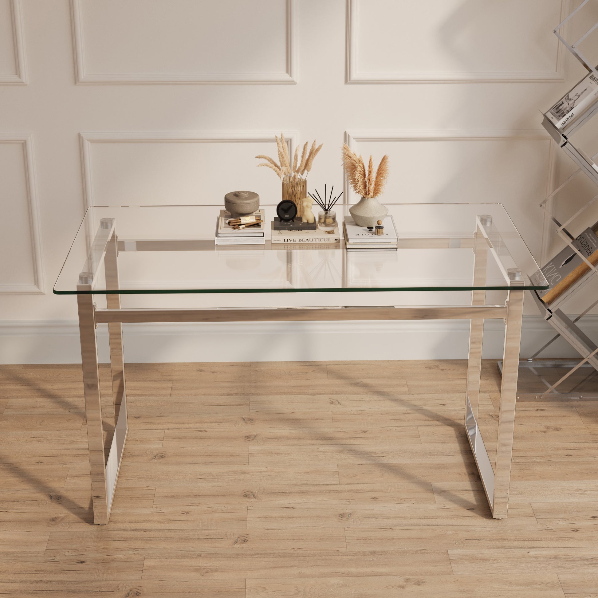 Modern Minimalist Rectangular Glass Dining Table For 4 6 With 0.31" Tempered Glass Tabletop And Silver Chrome Metal Legs, Writing Table Desk, For Kitchen Dining Living Room, 51" W X 27"D X 30" H Transparent Glass
