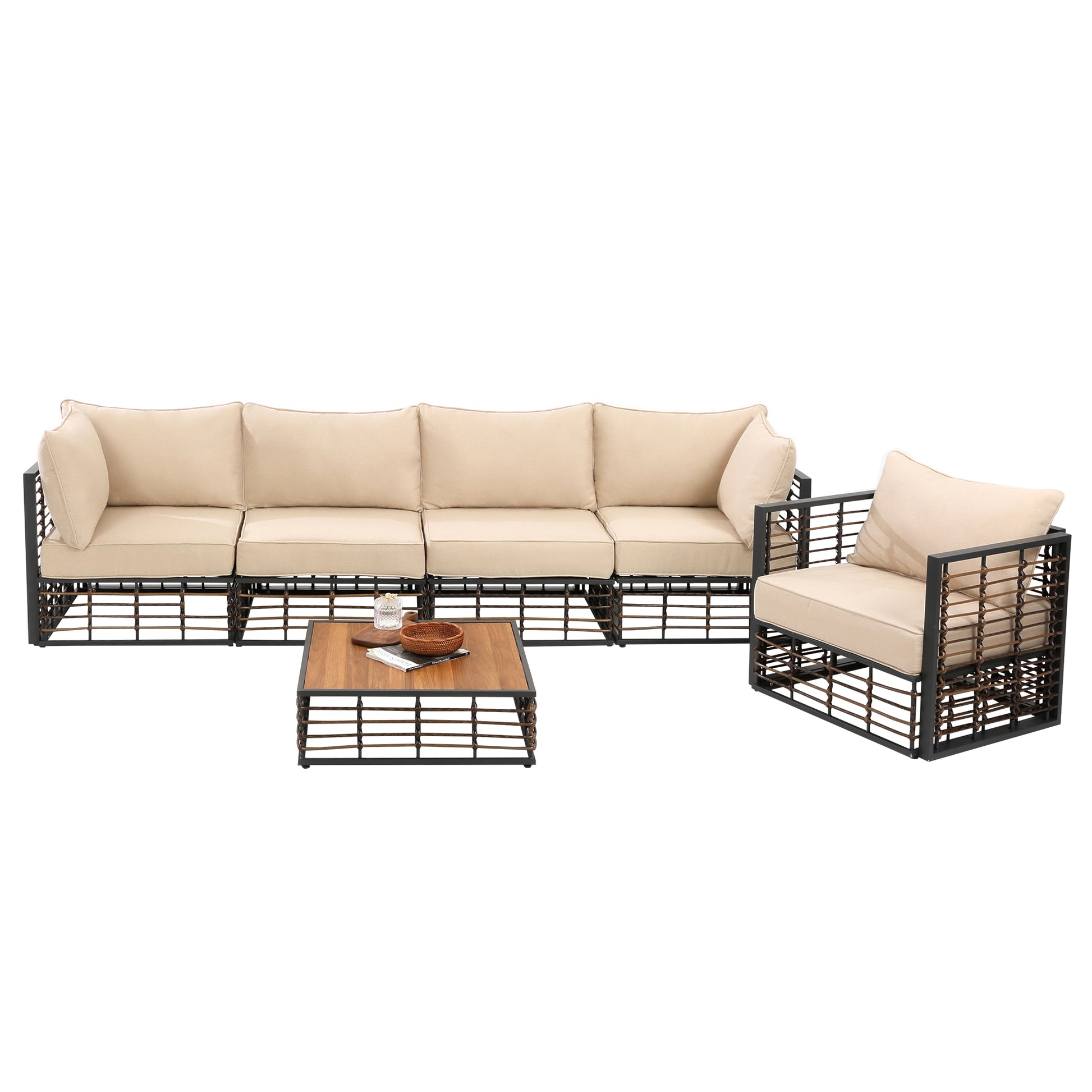 Grand Patio 6 Piece Wicker Patio Furniture Set, All Weather Outdoor Conversation Set Sectional Sofa With Water Resistant Beige Thick Cushions And Coffee Table Beige Cotton Steel