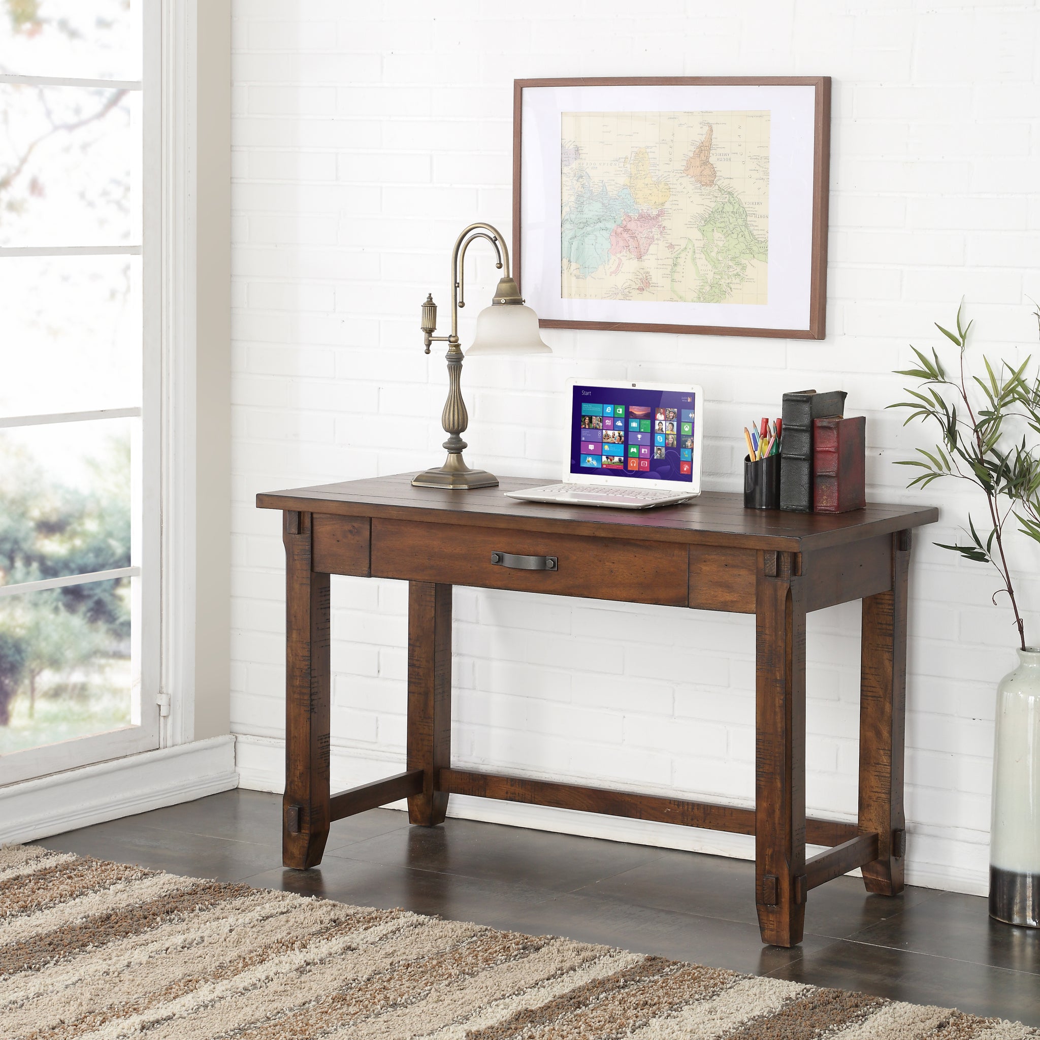 Restoration 48 Inch Writing Desk, No Assembly Required, Rustic Walnut Finish Brown Brown Keyboard Tray Writting Desk Office Lodge,Mission,Rustic Freestanding Rectangular Drawers Desk Rectangular Wood Trestle