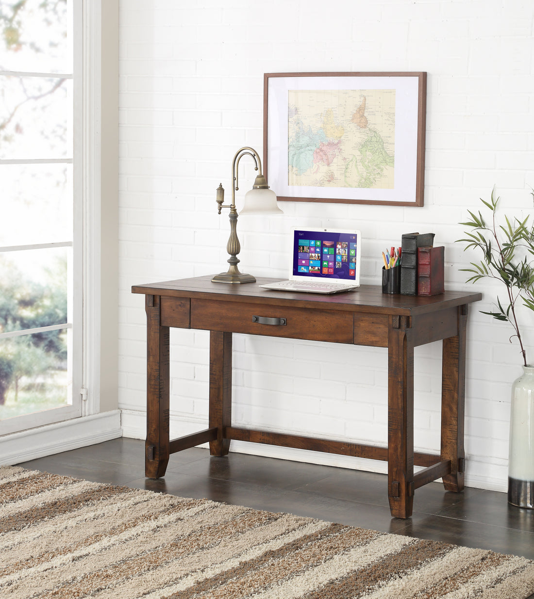 Restoration 48 Inch Writing Desk, No Assembly Required, Rustic Walnut Finish Brown Brown Keyboard Tray Writting Desk Office Lodge,Mission,Rustic Freestanding Rectangular Drawers Desk Rectangular Wood Trestle