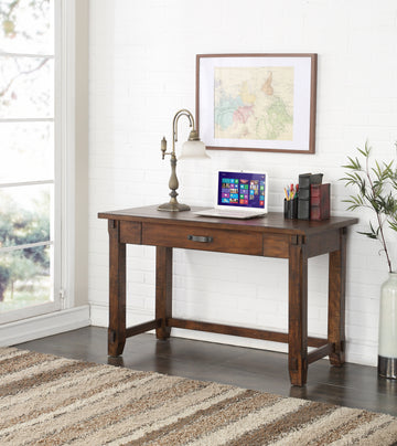 Restoration 48 Inch Writing Desk, No Assembly Required, Rustic Walnut Finish Brown Brown Keyboard Tray Writting Desk Office Lodge,Mission,Rustic Freestanding Rectangular Drawers Desk Rectangular Wood Trestle