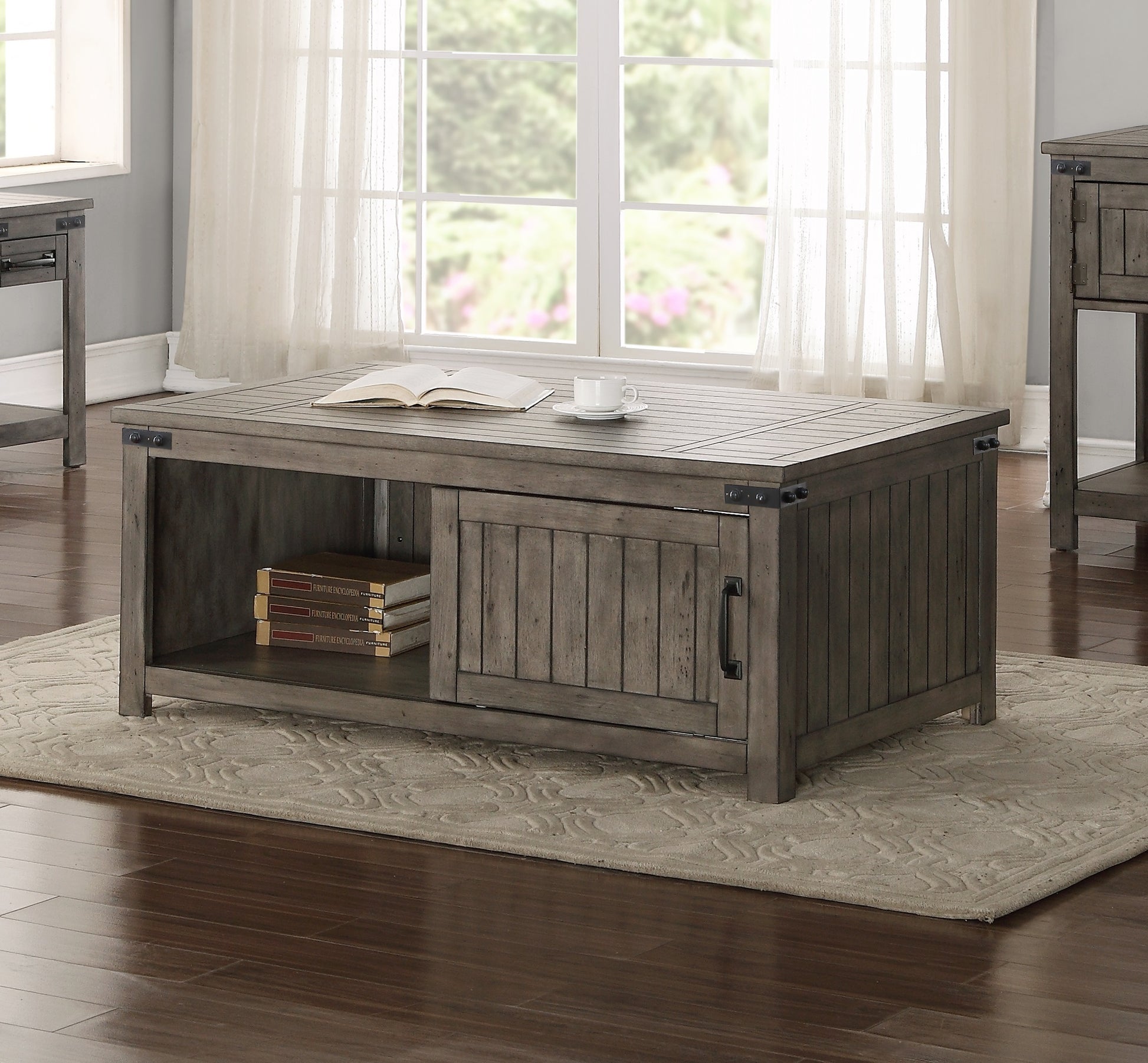 Storehouse 48 Inch Coffee Table, No Assembly Required, Smoked Grey Finish Greige Gray Primary Living Space Farmhouse,Industrial,Rustic Freestanding Rectangular Open Storage Coffee & End Tables Rectangular Wood