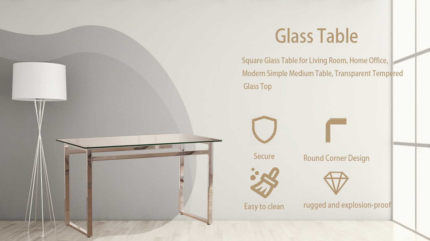 Modern Minimalist Rectangular Glass Dining Table For 4 6 With 0.31" Tempered Glass Tabletop And Silver Chrome Metal Legs, Writing Table Desk, For Kitchen Dining Living Room, 51" W X 27"D X 30" H Transparent Glass