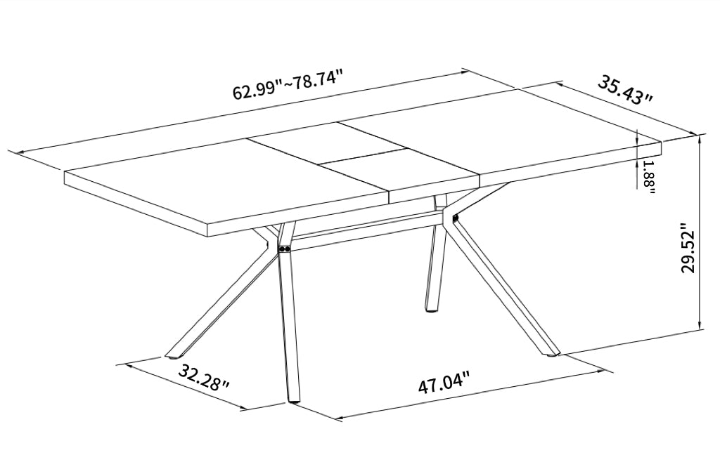 62.99" 78.74"Retro Rectangular Stretch Table, Grey Carole Top, Black Embossed Center Plate, Walnut Color Beam, Black Fine Sand Iron Foot Base Dining Table Grey Seats 6 Rectangular Mdf Metal