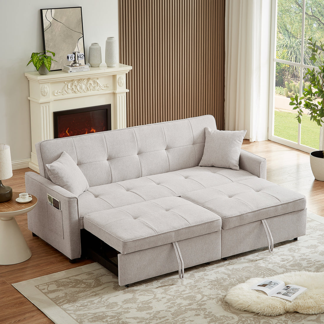 83.47 Inch Large Size Ivory Fabric 3 In 1 Convertible Sleeper Sofa Bed, For Living Room, Bedroom, Apartment, Office Ivory Fabric
