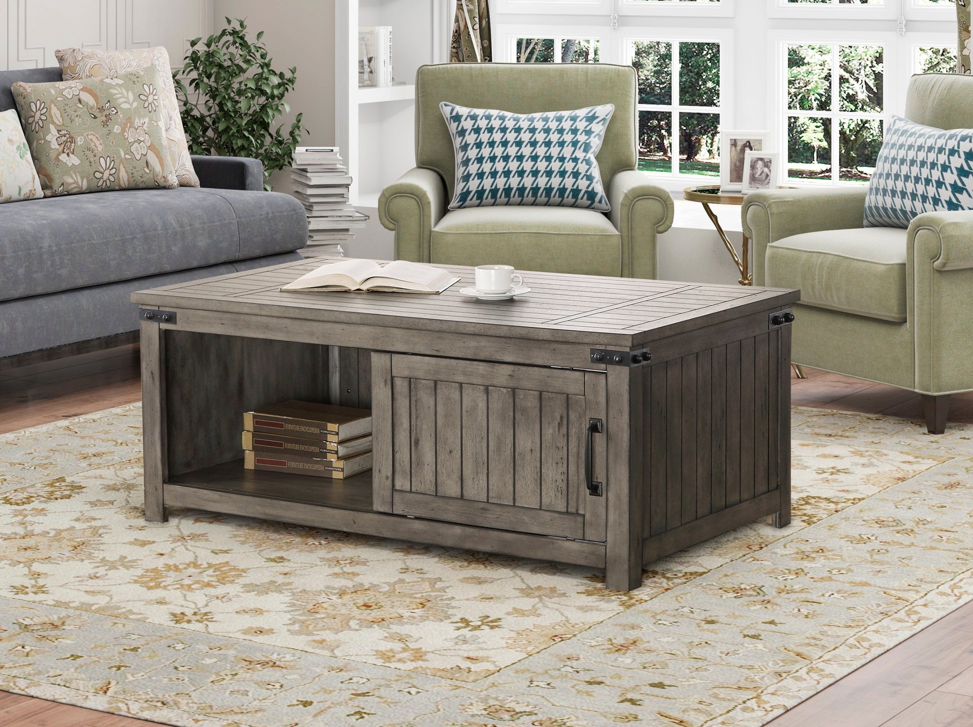 Storehouse 48 Inch Coffee Table, No Assembly Required, Smoked Grey Finish Greige Gray Primary Living Space Farmhouse,Industrial,Rustic Freestanding Rectangular Open Storage Coffee & End Tables Rectangular Wood