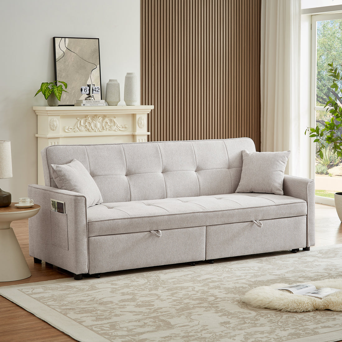 83.47 Inch Large Size Ivory Fabric 3 In 1 Convertible Sleeper Sofa Bed, For Living Room, Bedroom, Apartment, Office Ivory Fabric