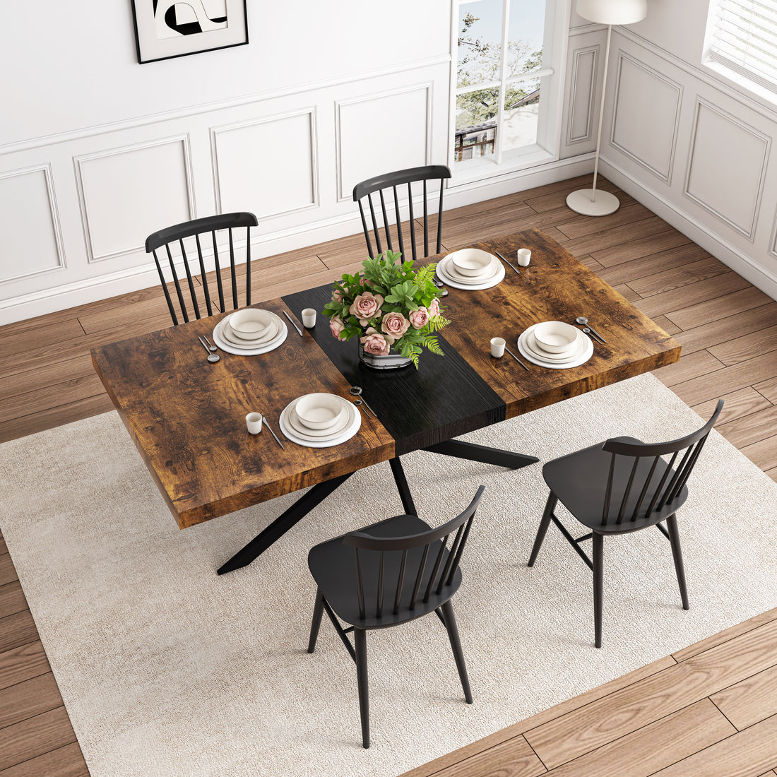 55.11" 70.86"Retro Rectangular Stretch Dining Table, Antique Wood Top And Black Relief Plate, Black Fine Sand Cross Iron Foot Base Dining Table, With Storage Box. Black Brown Seats 6 Rectangular Mdf Metal