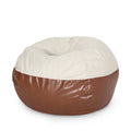 Maxi 5 Foot Two Color Fabric And Faux Leather Rounded Bean Bag, Beige And Coffee Brown Brown Beige Faux Leather