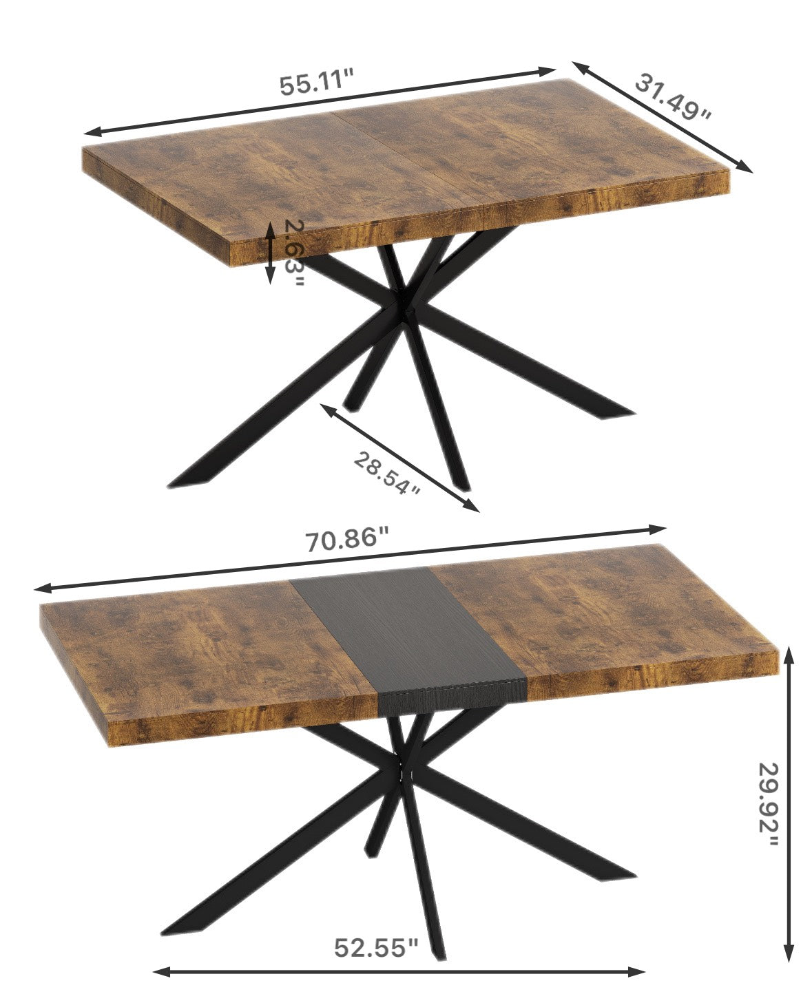 55.11" 70.86"Retro Rectangular Stretch Dining Table, Antique Wood Top And Black Relief Plate, Black Fine Sand Cross Iron Foot Base Dining Table, With Storage Box. Black Brown Seats 6 Rectangular Mdf Metal
