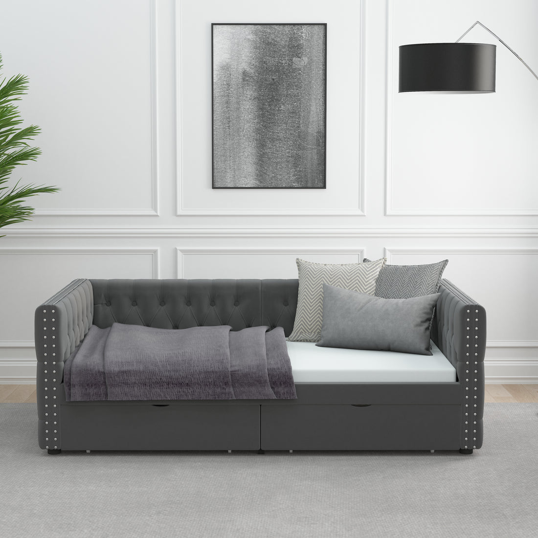 Twin Size Daybed With Drawers Upholstered Tufted Sofa Bed, With Button On Back And Copper Nail On Waved Shape Arms, Velvet 79.5"X41.5"X26.5" Twin Grey Velvet