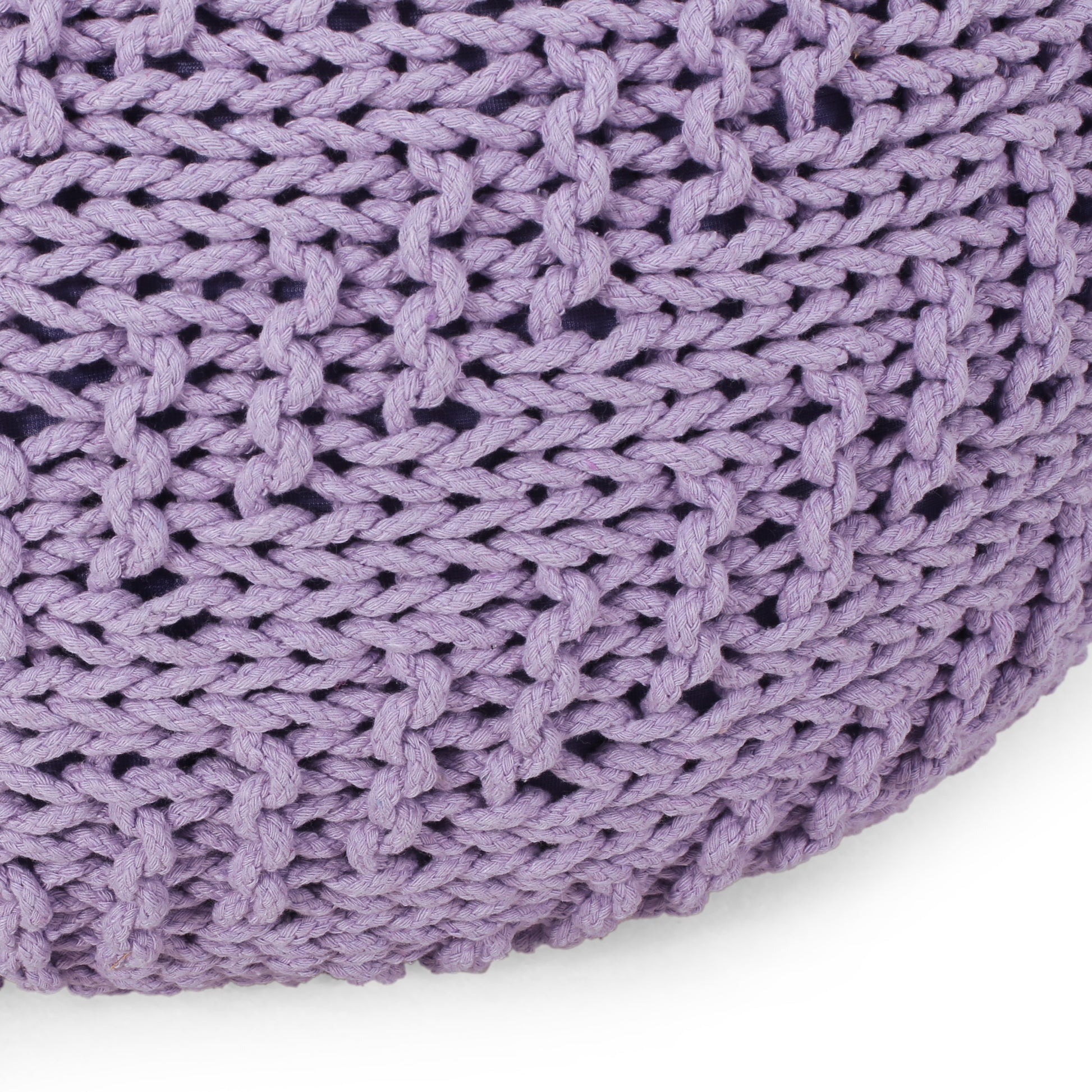 Bordeaux Knitted Cotton Round Pouf, Lavender Lavender Cotton