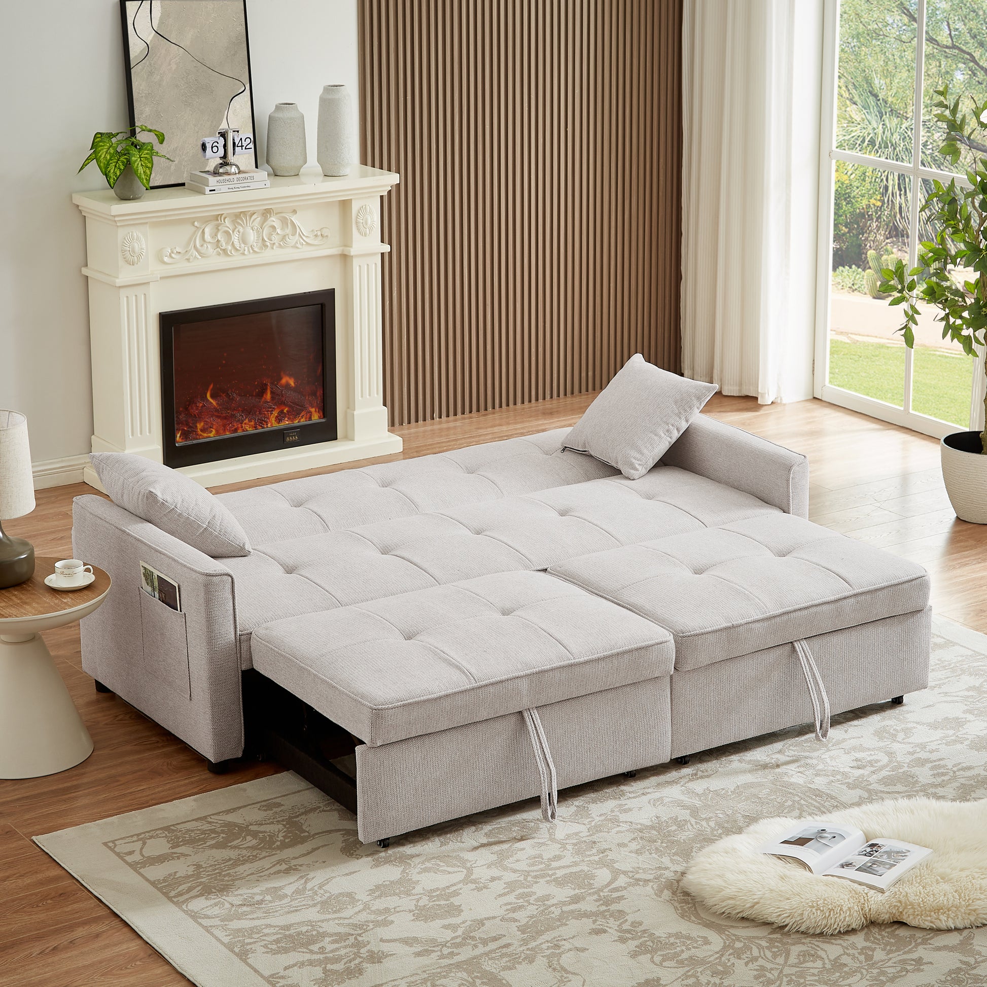 83.47 Inch Large Size Ivory Fabric 3 In 1 Convertible Sleeper Sofa Bed, For Living Room, Bedroom, Apartment, Office Ivory Fabric