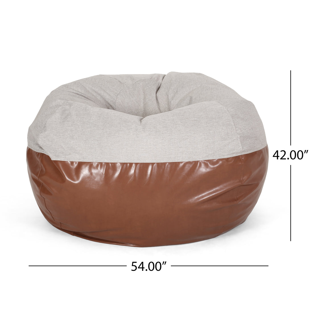 Maxi 5 Foot Two Color Fabric And Faux Leather Rounded Bean Bag, Light Grey And Coffee Brown Light Grey Brown Faux Leather