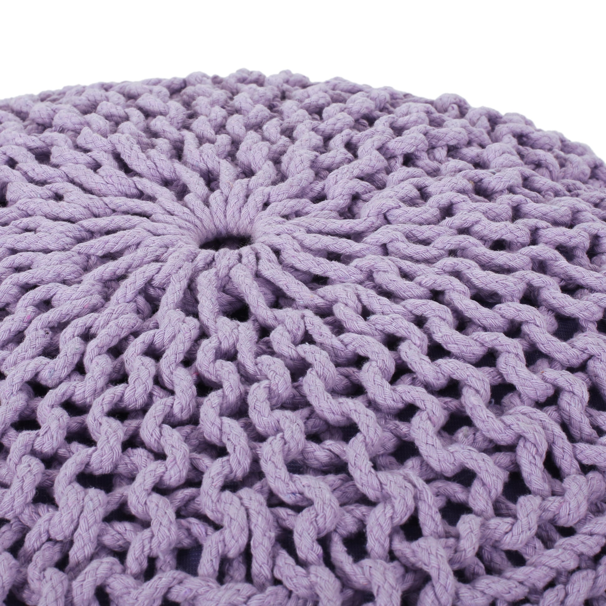 Bordeaux Knitted Cotton Round Pouf, Lavender Lavender Cotton