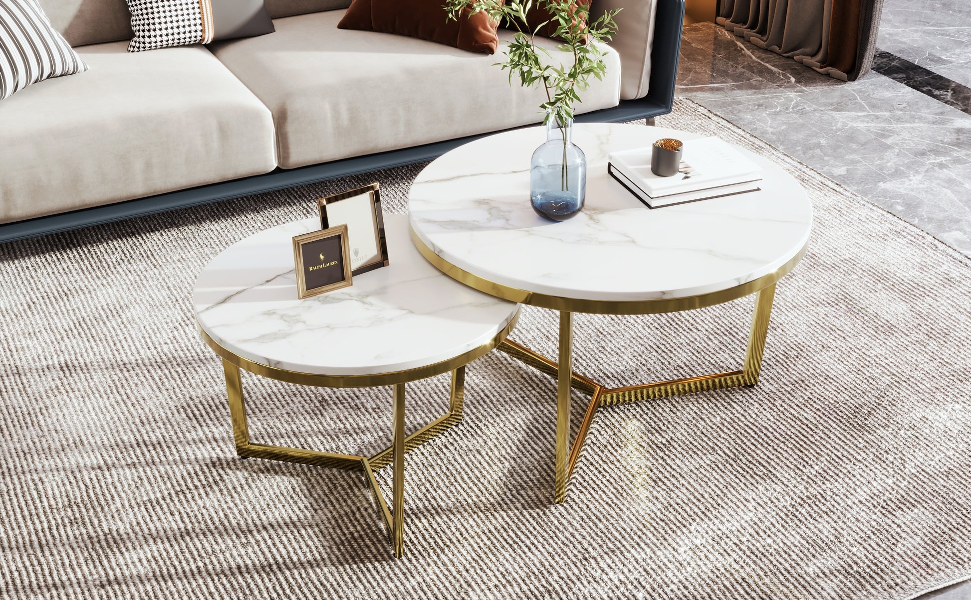 Modern Round Nesting Coffee Table Set 2 Piece White & Marbling Top Gold Base White Mdf