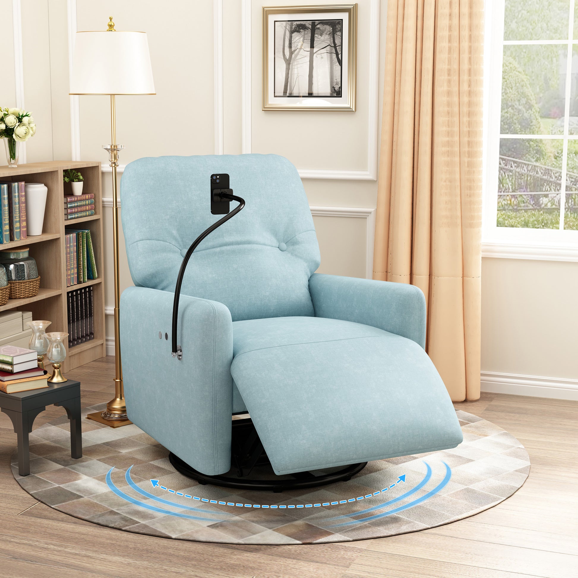 270 Degree Swivel Electric Recliner Home Theater Seating Single Reclining Sofa Rocking Motion Recliner With A Phone Holder For Living Room, Blue Blue Foam Polyester