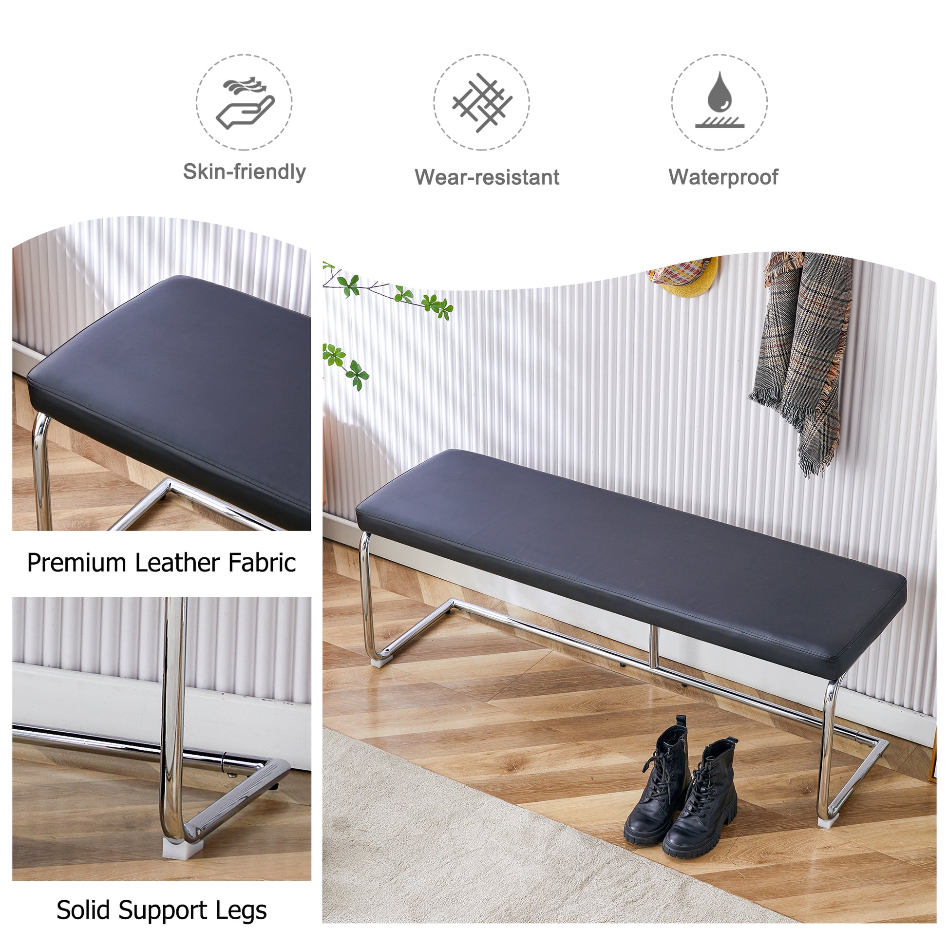 Black Shoe Changing Bench Silver Metal Legs, Sofa Bench Dining Chair, Suitable For Bedroom Fitting Room, Storage Room, Dining Room, And Living Room. St 005 Black Pu