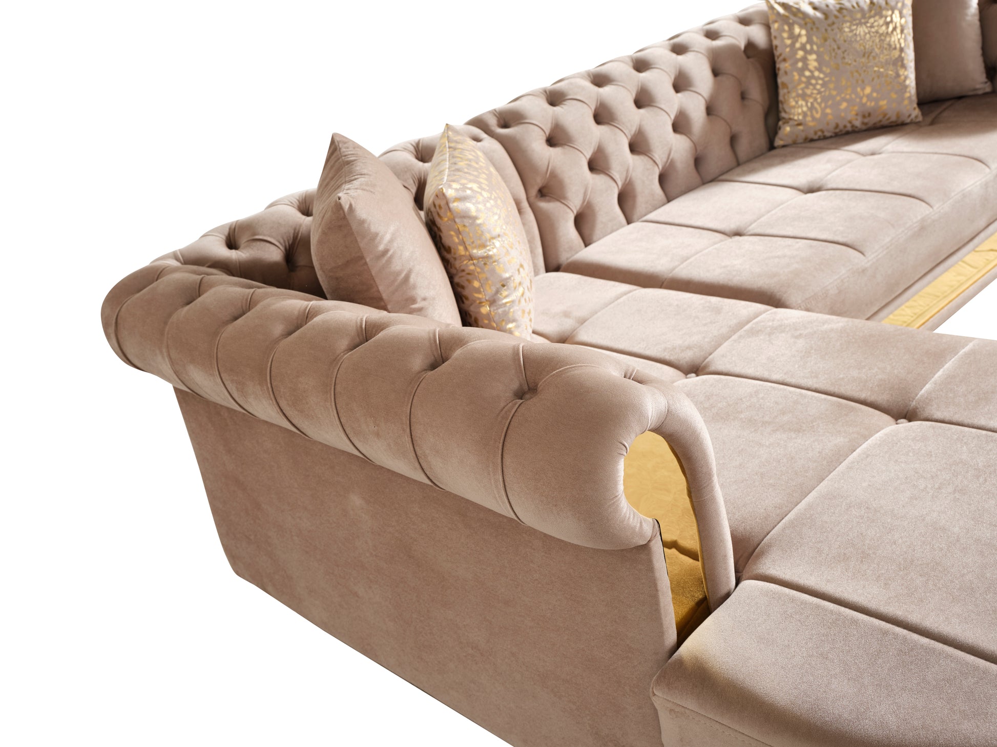 Julia Gold Detailed Tufted Upholstery Sectional Made With Wood In Taupe Taupe Velvet Wood Primary Living Space Soft Cushion Back Contemporary,Modern L Shaped Acacia Rolled Arms Solid Wood Mdf Velvet 4 Seat