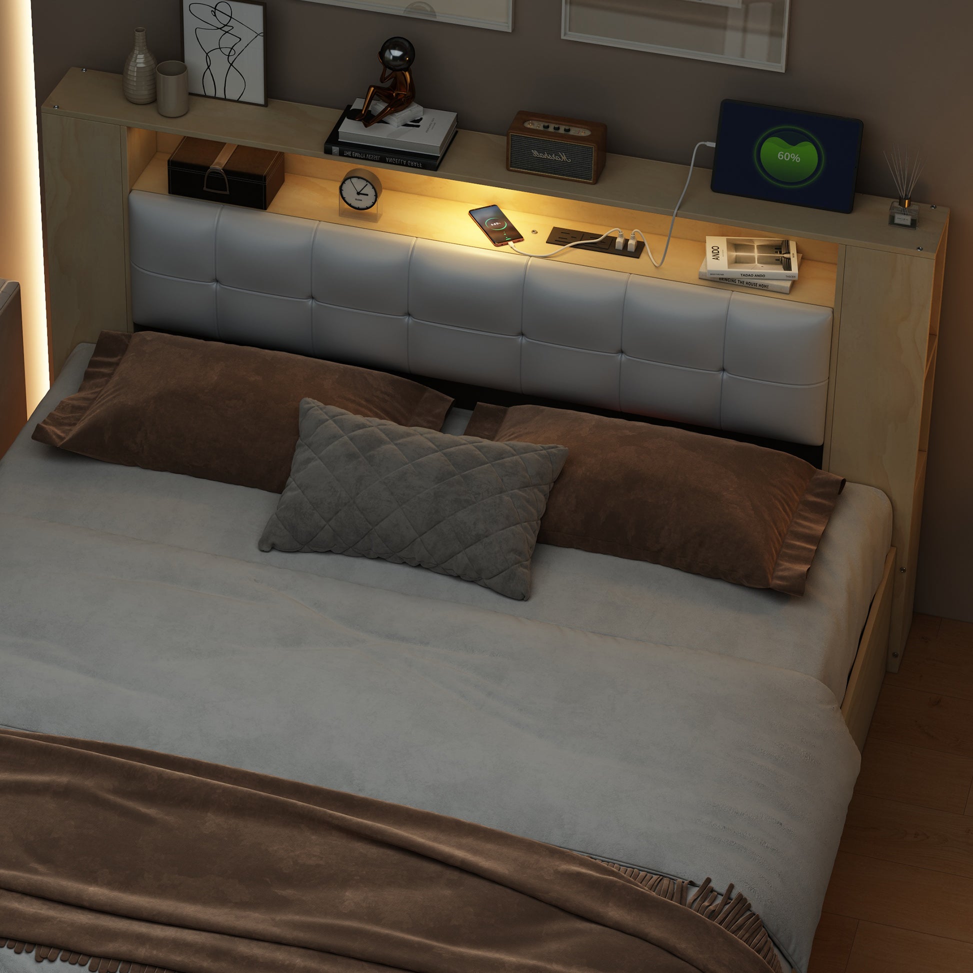 Queen Size Tufted Upholstered Platform Bed With Storage Headboard And Hydraulic Storage System, Modern Pu Storage Bed With Motion Activated Night Lights And Usb Charger,Natural Natural Wood