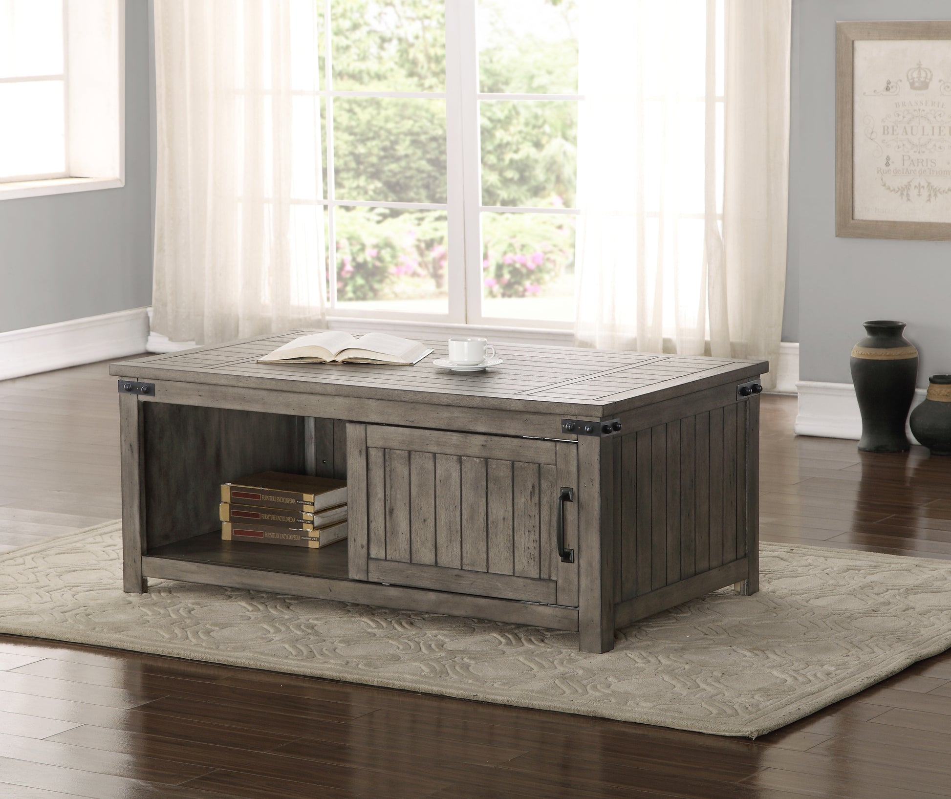 Storehouse 48 Inch Coffee Table, No Assembly Required, Smoked Grey Finish Greige Gray Primary Living Space Farmhouse,Industrial,Rustic Freestanding Rectangular Open Storage Coffee & End Tables Rectangular Wood