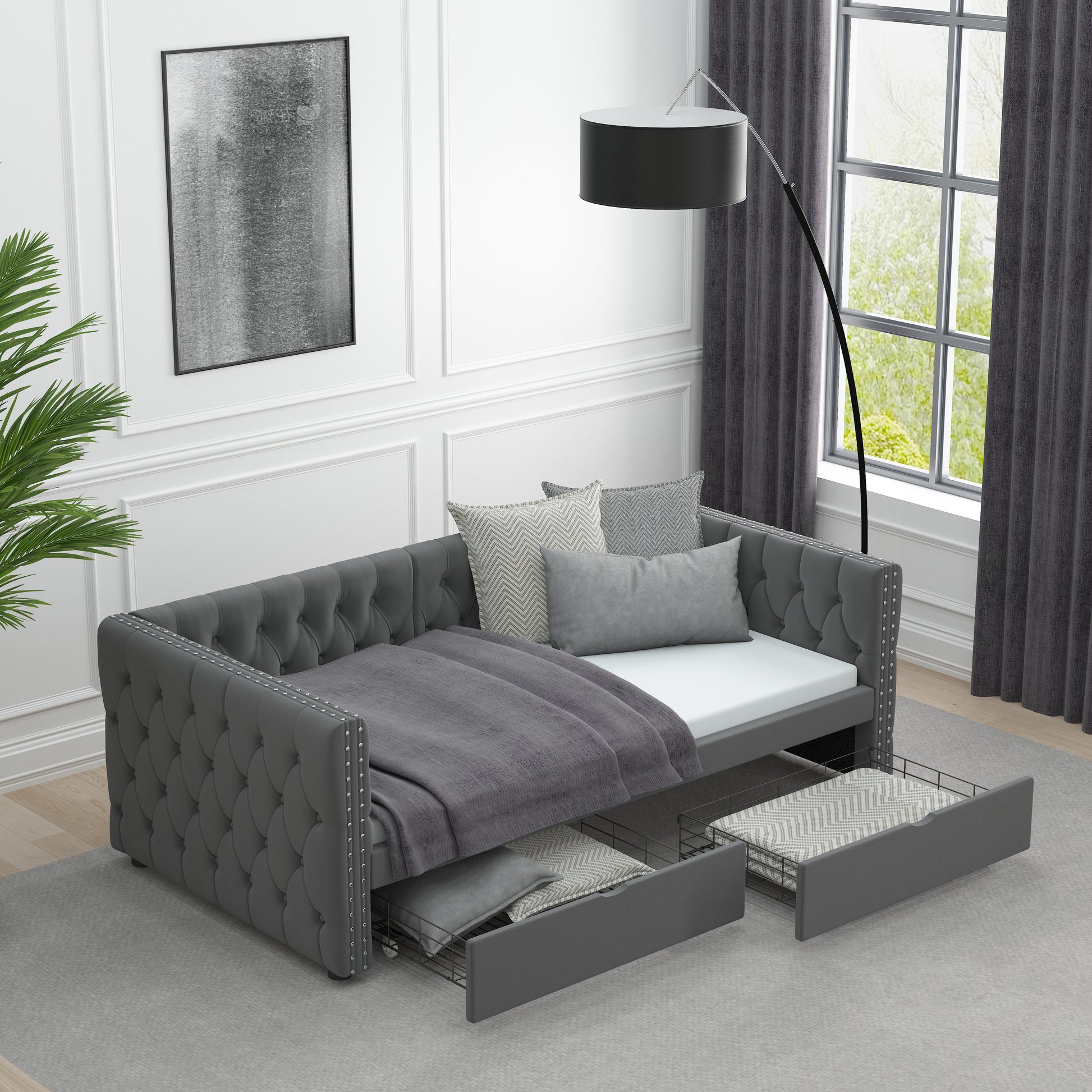 Twin Size Daybed With Drawers Upholstered Tufted Sofa Bed, With Button On Back And Copper Nail On Waved Shape Arms, Velvet 79.5"X41.5"X26.5" Twin Grey Velvet