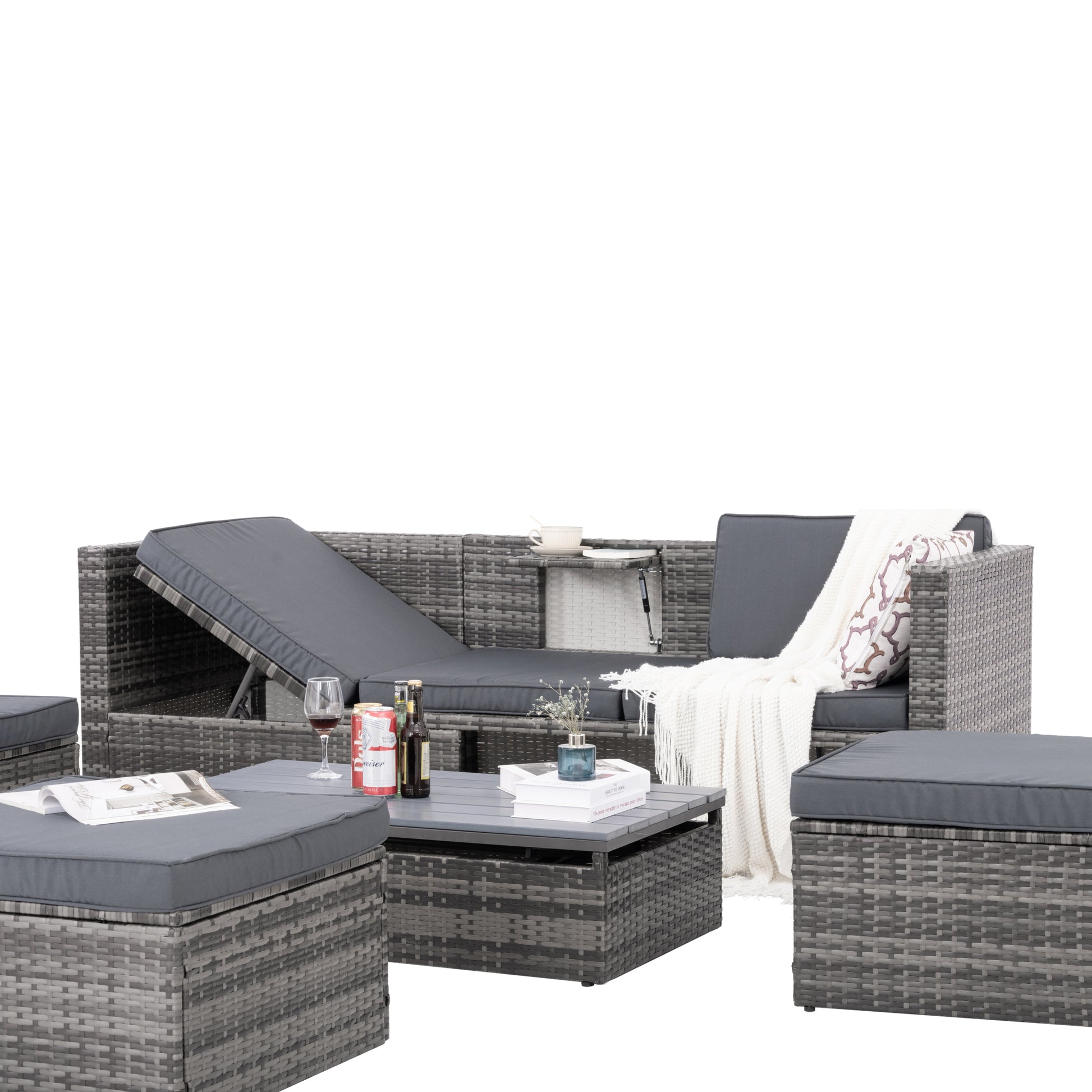 Patio Furniture, Outdoor Furniture, Seasonal Pe Wicker Furniture,5 Set Wicker Furniture With Plywood Coffee Table,With Lift Top Coffee Table,With Lounger Sofa Dark Gray Pe Rattan Iron Waterproof Fabric