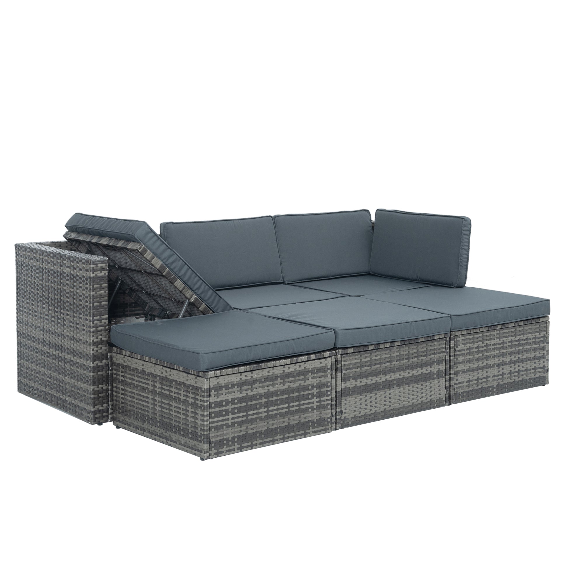 Patio Furniture, Outdoor Furniture, Seasonal Pe Wicker Furniture,5 Set Wicker Furniture With Plywood Coffee Table,With Lift Top Coffee Table,With Lounger Sofa Dark Gray Pe Rattan Iron Waterproof Fabric