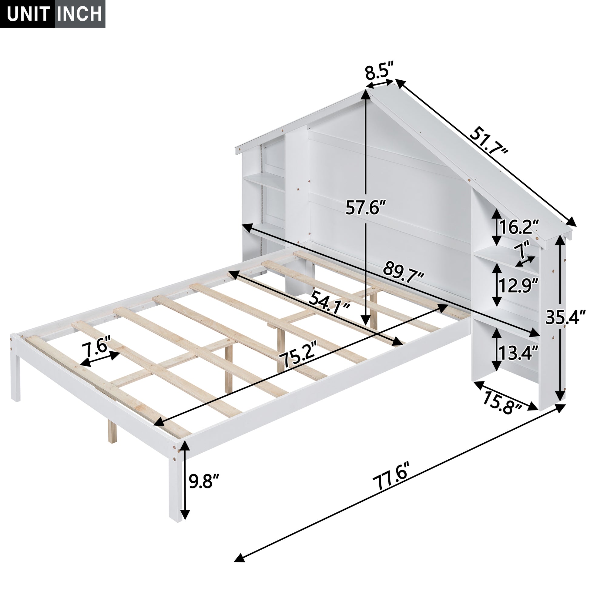 Wood Full Size Platform Bed With House Shaped Storage Headboard And Built In Led, White Box Spring Not Required Full White Bedroom Bed Frame Solid Wood Mdf