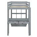 Full Size Loft Bed With Large Shelves, Writing Desk And Led Light, Gray Gray Solid Wood Mdf