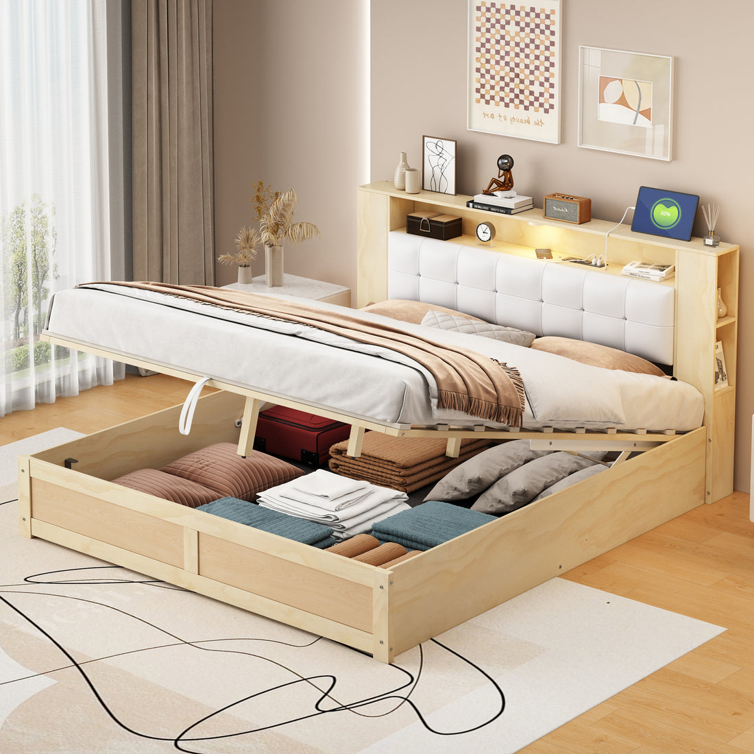 Queen Size Tufted Upholstered Platform Bed With Storage Headboard And Hydraulic Storage System, Modern Pu Storage Bed With Motion Activated Night Lights And Usb Charger,Natural Natural Wood