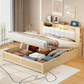 Queen Size Tufted Upholstered Platform Bed With Storage Headboard And Hydraulic Storage System, Modern Pu Storage Bed With Motion Activated Night Lights And Usb Charger,Natural Natural Wood