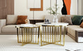 Modern Round Nesting Coffee Table Set 2 Piece White & Marbling Top Gold Base White Mdf
