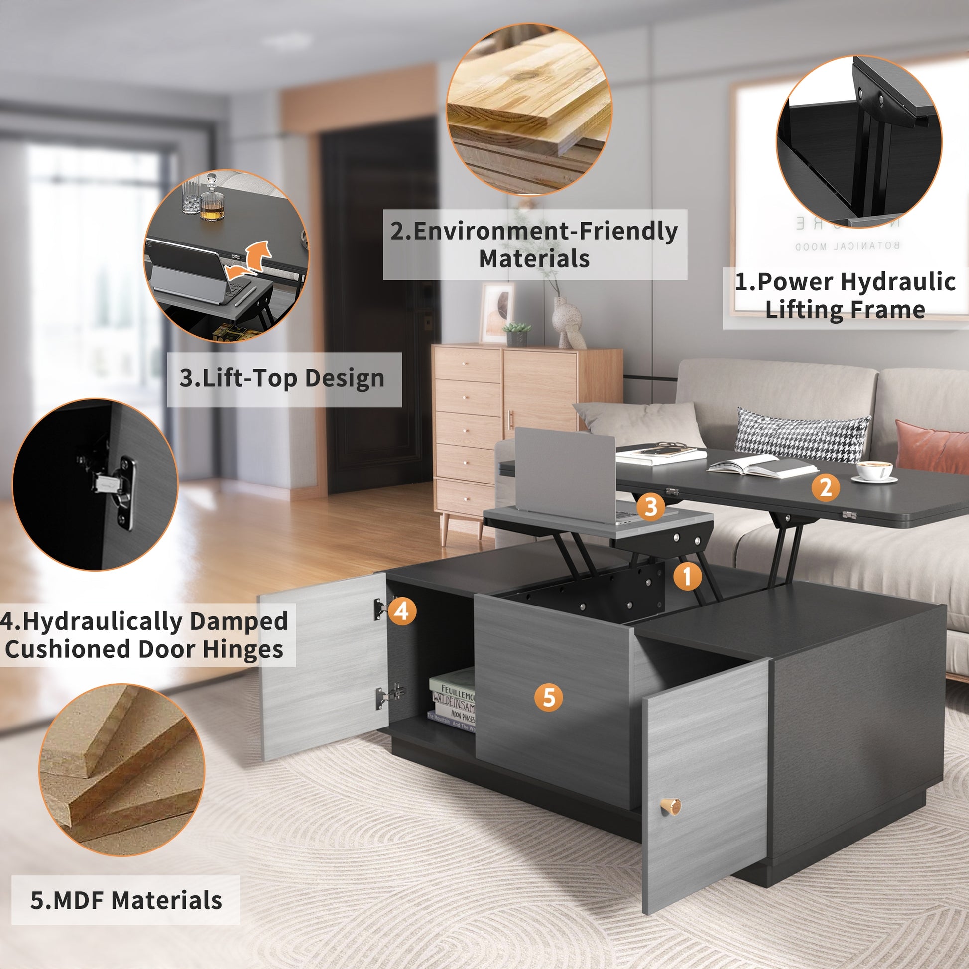 Modern Gray Multi Functional Rectangle Lift Top Coffee Table Extendable With Storage Dark Gray Mdf