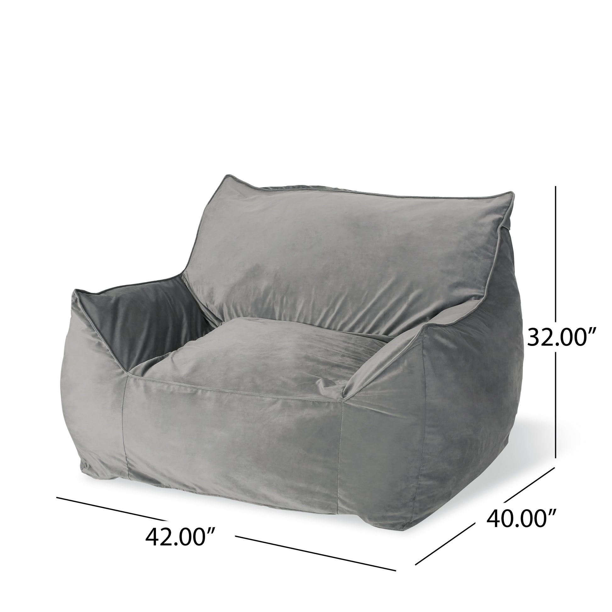 Allea Velveteen Bean Bag Chair With Armrests, Grey Grey Velvet