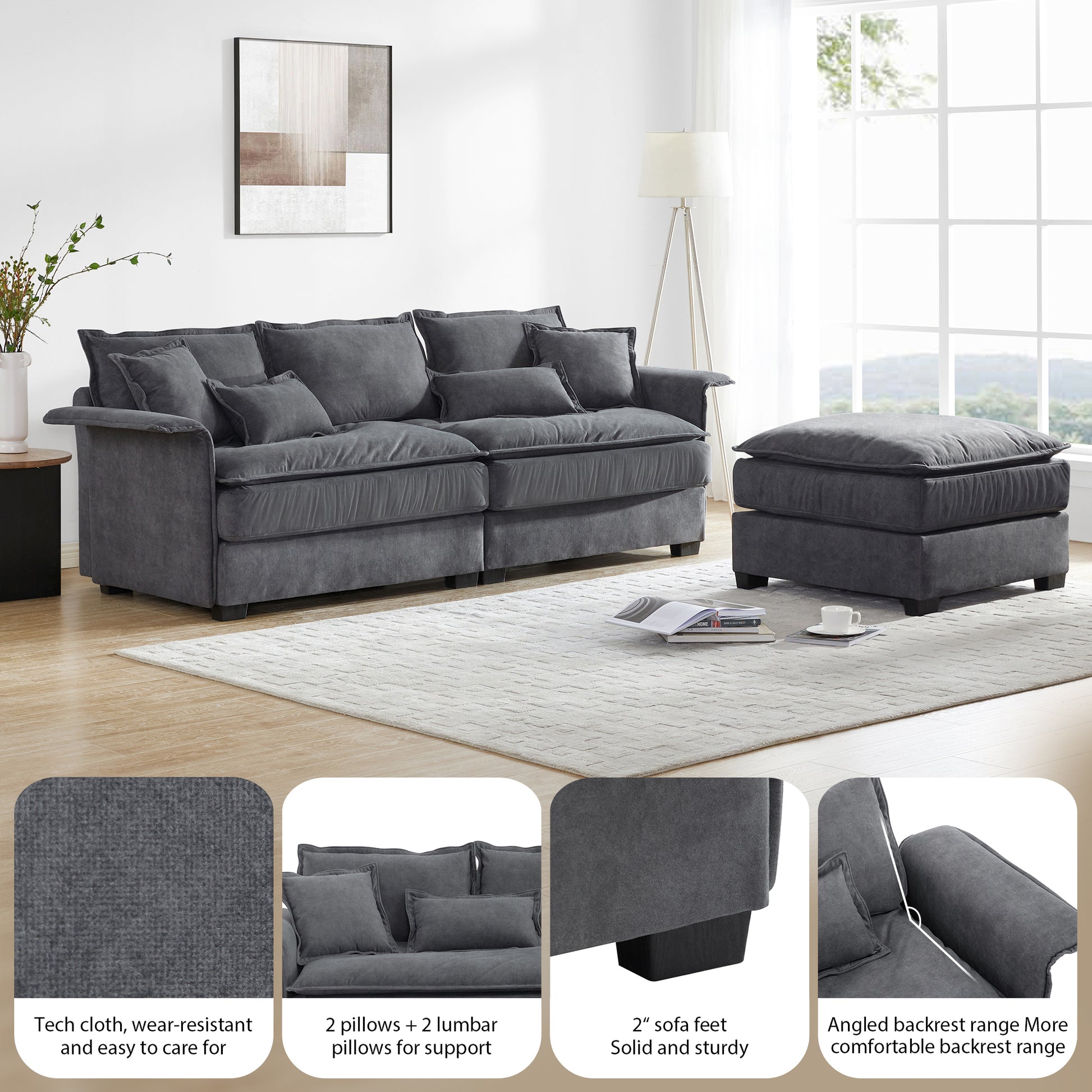 95*66"Oversized Luxury Sectional Sofa With Bentwood Armrests,4 Seat Upholstered Indoor Furniture With Double Cushions,L Shape Couch With Ottoman For Living Room,Apartment,3 Colors Dark Grey Fabric 4 Seat