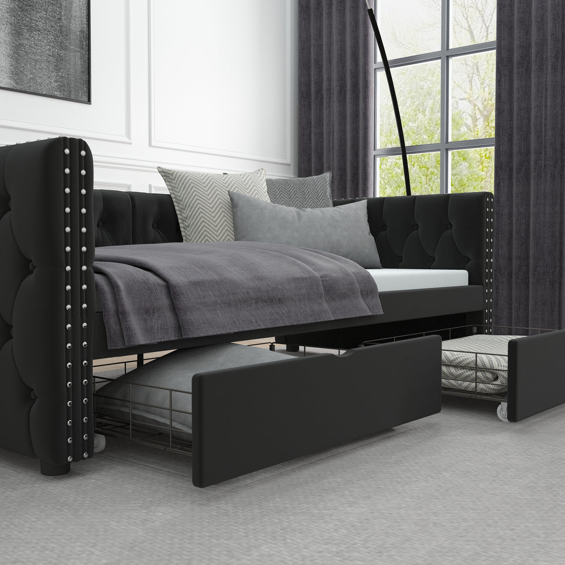 Twin Size Daybed With Drawers Upholstered Tufted Sofa Bed, With Button On Back And Copper Nail On Waved Shape Arms, Velvet 79.5"X41.5"X26.5" Twin Black Velvet