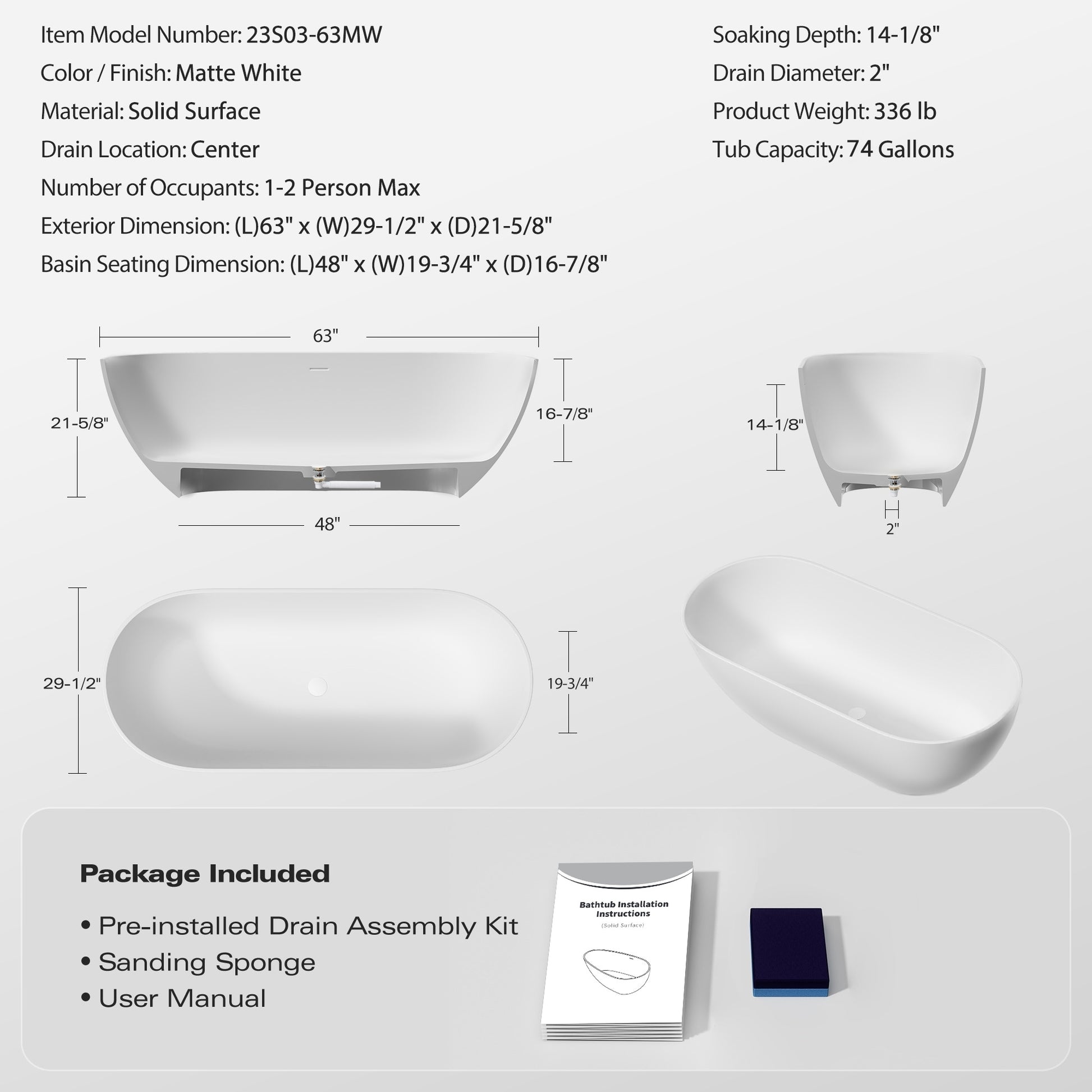 63" Freestanding Solid Surface Bathtub, Luxury Engineered Stone Resin Freestanding Soaking Bathtub With Overflow And Pop Up Drain For Contemporary Bathroom, Matte White 23S03 63Mw Matte White Polyresin