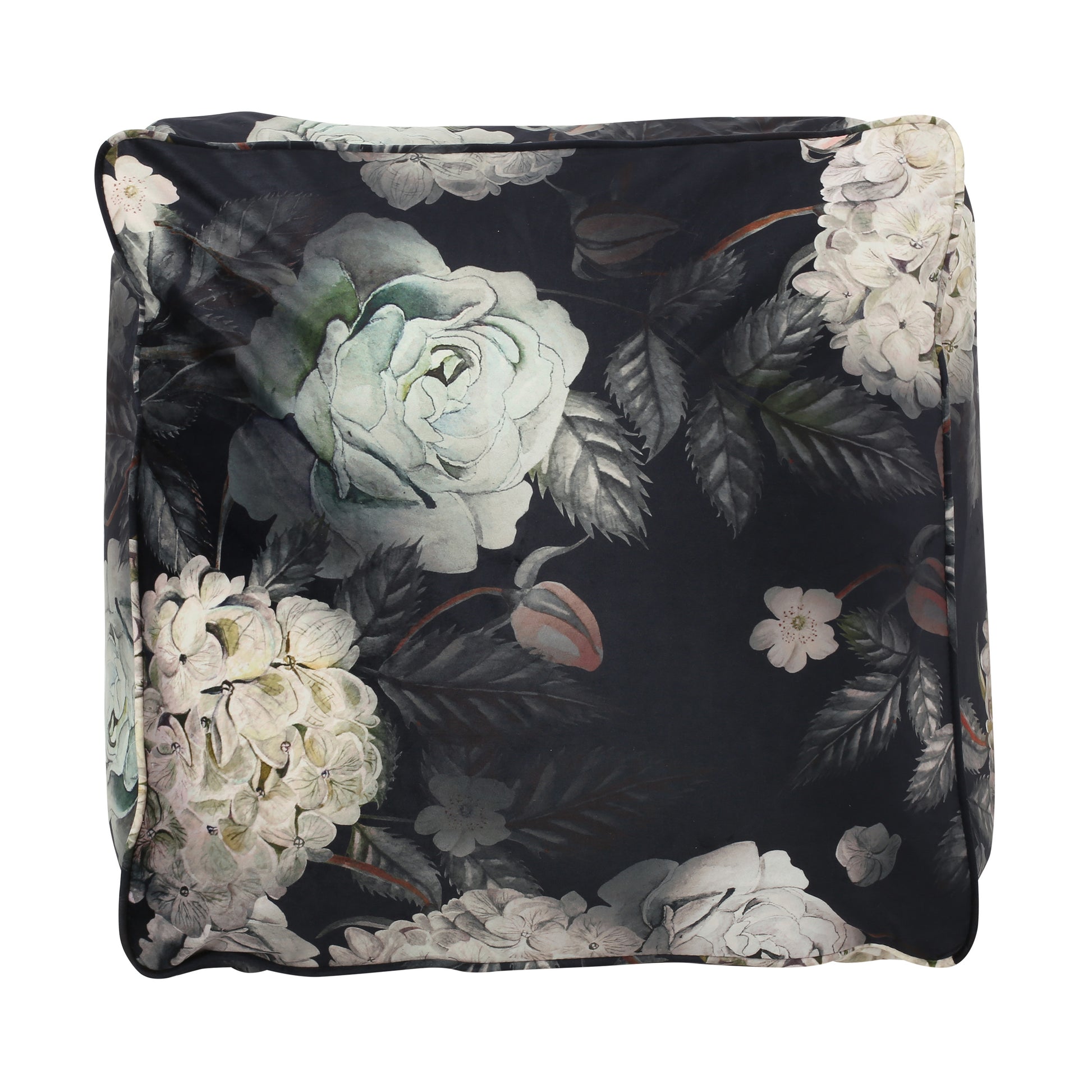 Hazel Large Square Pouf, Flower Print On Black Black Flower Velvet